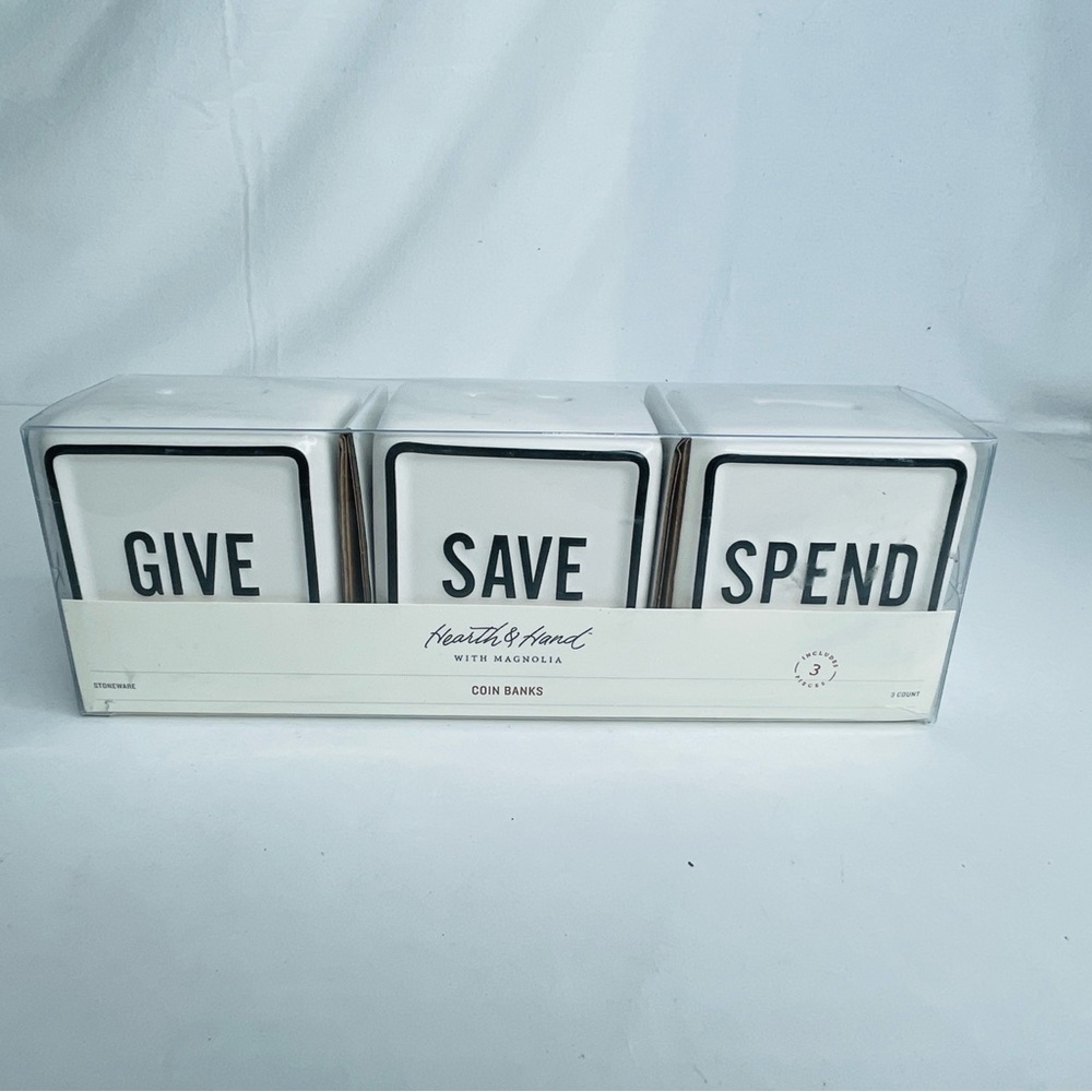 Hearth & Hand White and Black "Give Save Spend" Ceramic Coin Banks Set